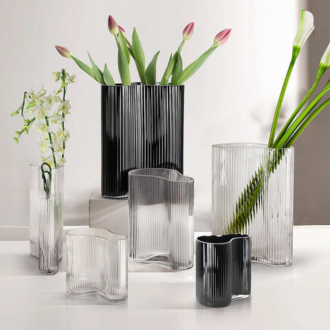 Contour Pinched Black Ribbed Glass Vase