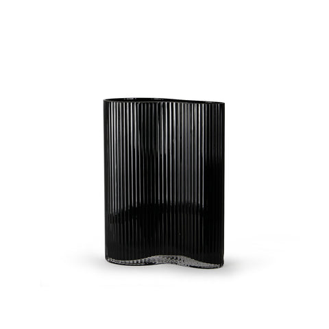 Contour Pinched Black Ribbed Glass Vase