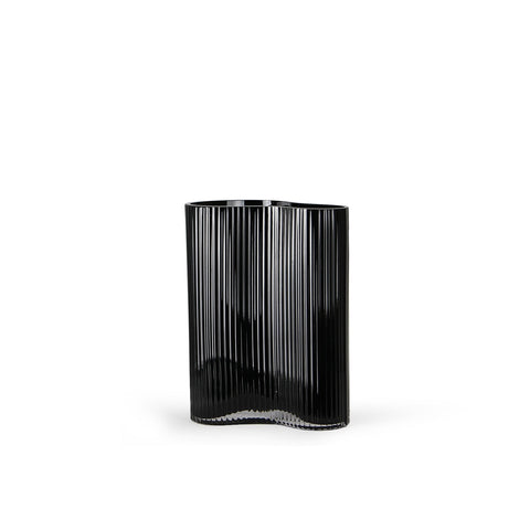 Contour Pinched Black Ribbed Glass Vase