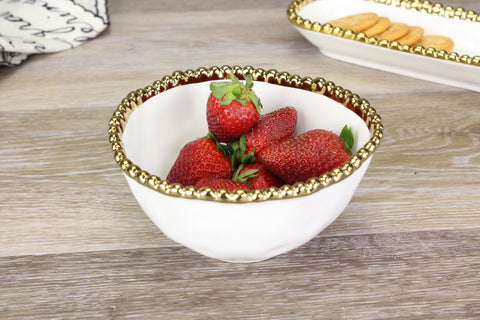 Oven to Table Snack Bowl - White with Gold Beads