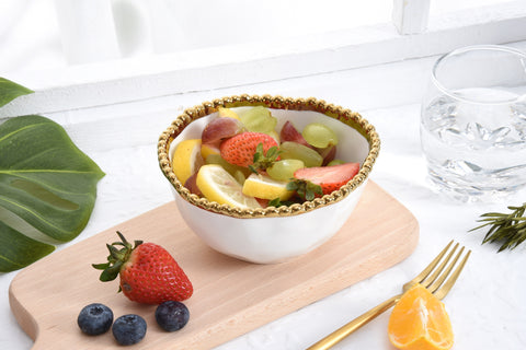 Oven to Table Snack Bowl - White with Gold Beads