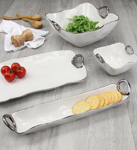 Oven to Table Medium Bowl with Handles - White with Silver Trim