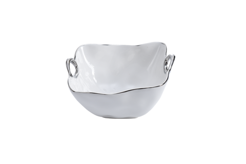 Oven to Table Medium Bowl with Handles - White with Silver Trim