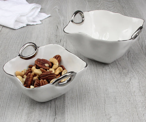 Oven to Table Medium Bowl with Handles - White with Silver Trim