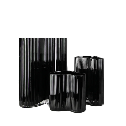 Contour Pinched Black Ribbed Glass Vase