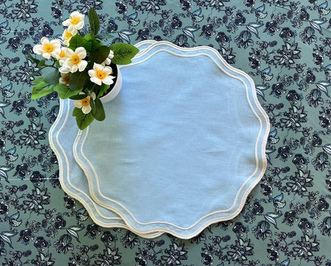 Light Blue Linen Scalloped Placemats - Set of 4