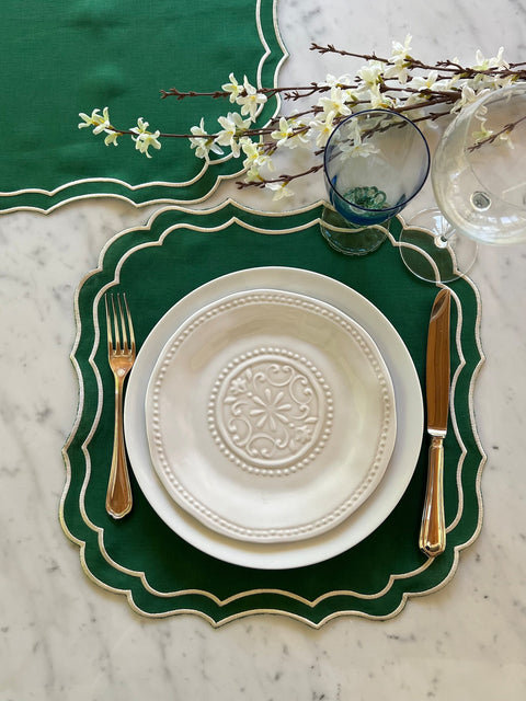 Green Square Linen Double Scalloped Placemats - Set of 4