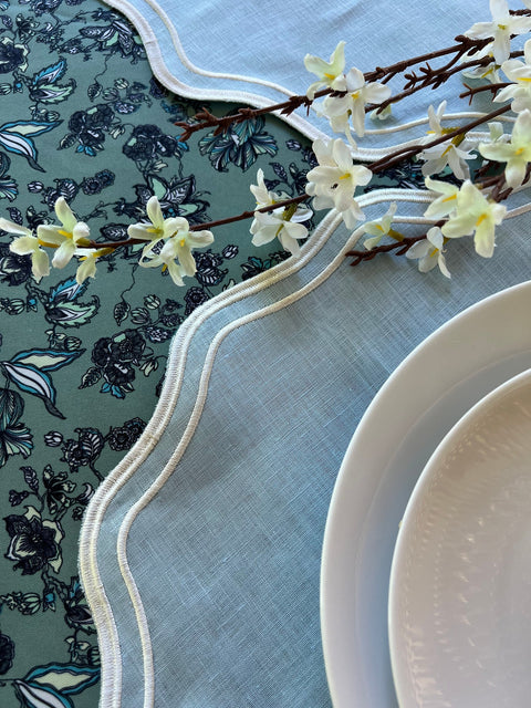 Light Blue Linen Scalloped Placemats - Set of 4