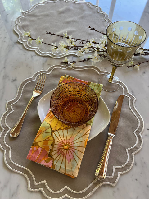 Beige Linen Scalloped Placemats - Set of 4