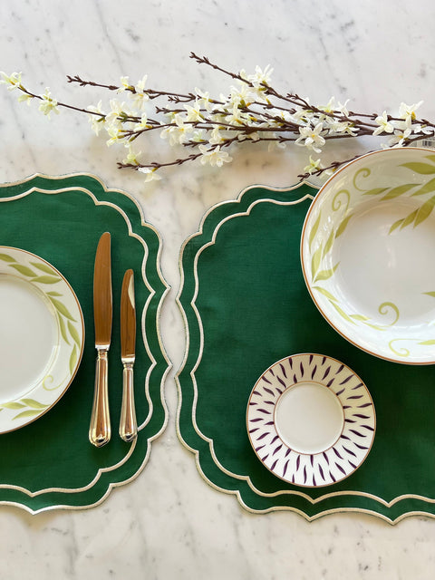 Green Square Linen Double Scalloped Placemats - Set of 4