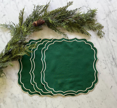 Green Square Linen Double Scalloped Placemats - Set of 4