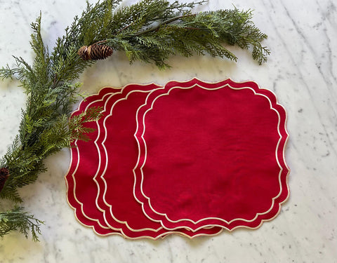 Red Square Linen Double Scalloped Placemats - Set of 4