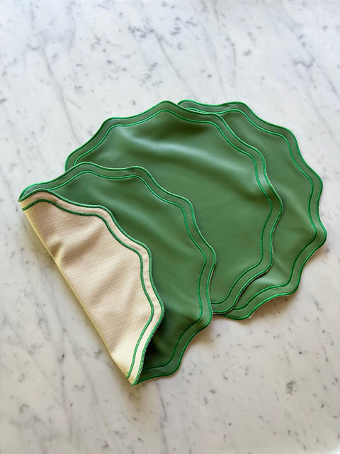 Green Eco Leather Round Embroidered Placemats - Set of 6