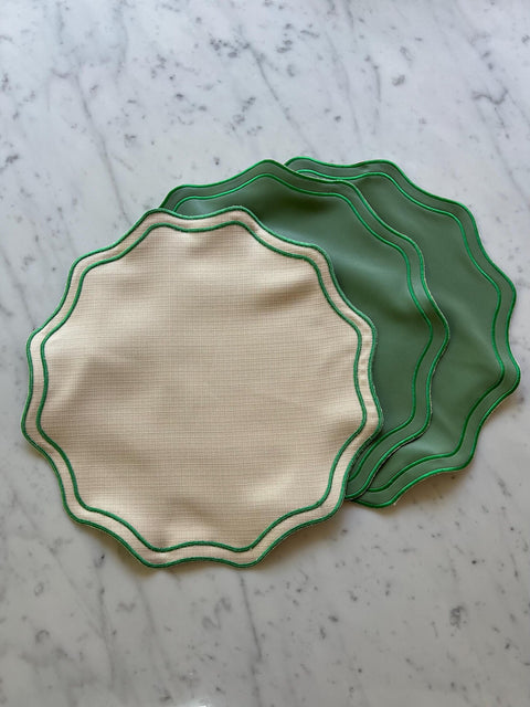 Green Eco Leather Round Embroidered Placemats - Set of 6