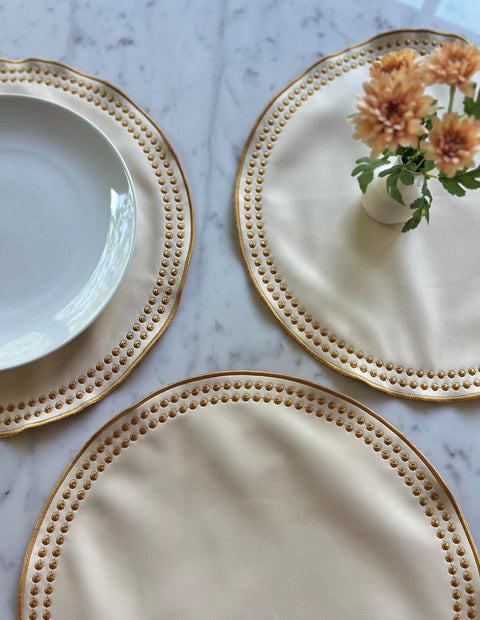 Ivory Eco Leather Round Embroidered Placemats - Set of 6