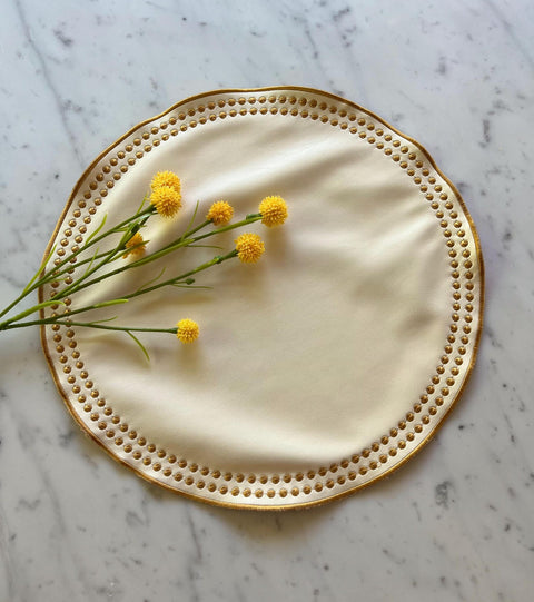 Ivory Eco Leather Round Embroidered Placemats - Set of 6