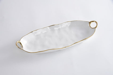 Oven to Table Deep Long Server with Handles - White with Gold Trim