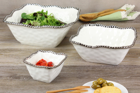 Oven to Table Square Bowl - White with Silver Bead Trim