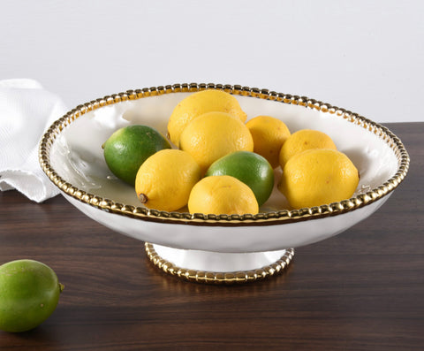 Oven to Table Footed Bowl - White with Gold Bead Trim